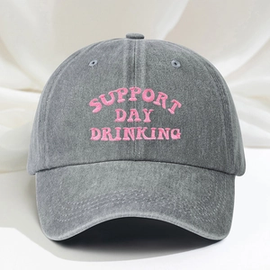 Washed grey cotton baseball cap featuring pink Support Day Drinking embroidery