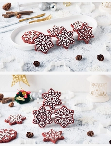 Close-up of snowflake gingerbread cookies with 3D embossed frosting and plastic cutters