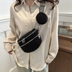Modische Strass-Gürteltasche mit rundem Etui und gemustertem Schultergurt