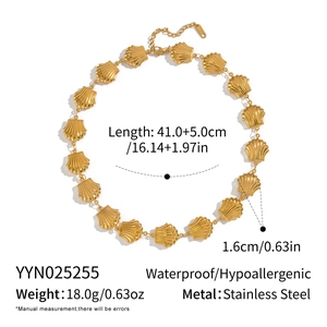 Detail of gold stainless steel necklace featuring fan-shaped shell link design and specs