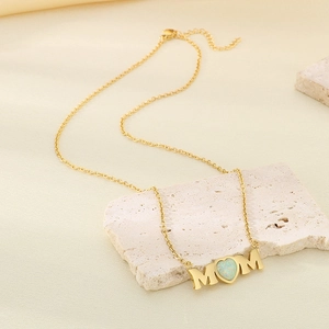 Gold stainless steel MOM heart opal pendant necklace for Mother's Day gift jewelry