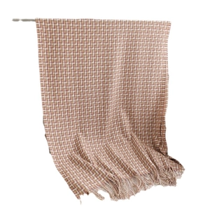 Classic British plaid scarf in brown and beige with fringe details for autumn and winter
