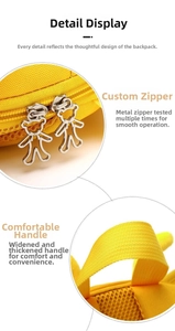 Detail of cute bear-shaped silver zipper and widened handle on yellow backpack