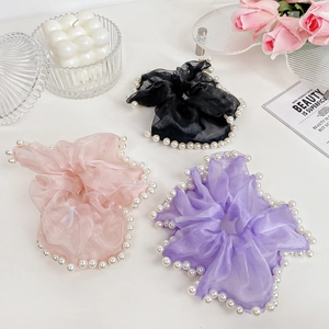 Three-piece set of pearl mesh organza scrunchies in black, pink, and purple colors
