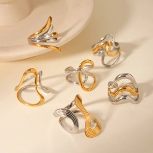 Minimalist bicolor stainless steel rings with irregular geometric open design for women