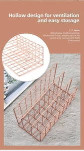 Detail view of rose gold wire desktop organizer with hollow 3-slot metal storage design