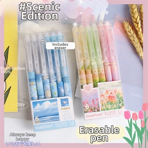 Close-up of erasable gel pens with floral patterns, 0.5mm tip, set of six stationary