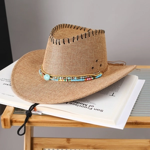 Chapeau de cowboy en paille d'été avec perles turquoises et cordon réglable sur bois