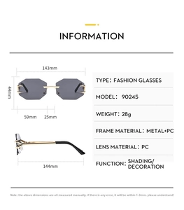 Detailed size chart for rimless octagonal sunglasses with gold metal frame