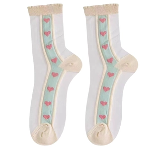 Sheer white mesh crew socks with light green stripes, pink hearts, and ruffled edges