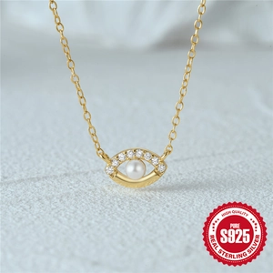 Minimalist S925 sterling silver evil eye necklace with pearl and sparkling zircons
