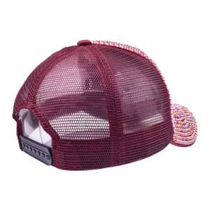 Burgundy rhinestone baseball cap featuring breathable mesh and adjustable back closure