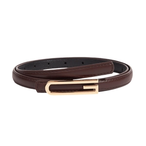 Slim brown leather belt for women with elegant gold rectangular buckle on white background