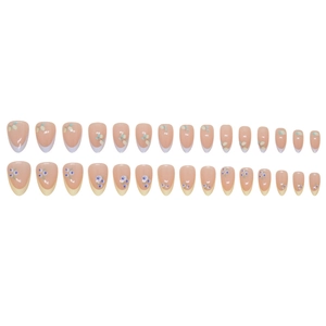 30pcs French-style short fake nails with elegant white floral patterns and blue accents