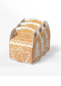 Vista dettagliata delle scatole regalo di Natale a forma di casa di pan di zenzero