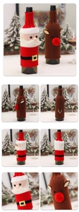 Detailed close-up of knitted Santa and Reindeer wine bottle covers for Christmas decor
