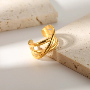 Interwoven Multi-layer Ring 18K Gold Plated Stainless Steel Adjustable Open Band Geometric Retro Style Jewelry Women