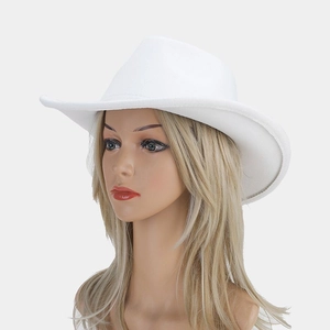 Detail of white wool felt cowboy hat with wide brim and classic crown stitching detail