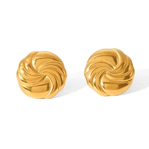 Pair of gold spiral vortex stud earrings in stainless steel on a white background