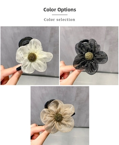 Three-color mesh flower hair claws with rhinestones showing white black and gold