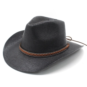 Black straw sun hat with wide brim and leather braided band for beach and travel