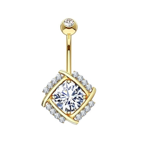 Golden stainless steel belly button ring with large round zircon in square frame