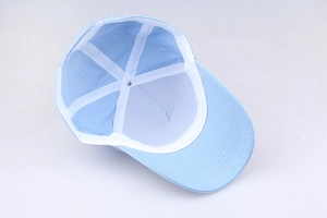 Detail view showing stitching and white inner sweatband of light blue baseball cap