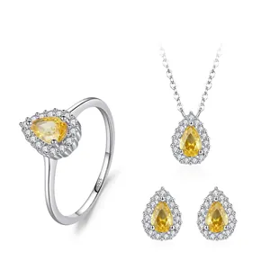 Luxury S925 sterling silver jewelry set with yellow pear cut stones and white halo