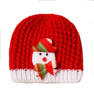 Red knit baby beanie with snowman embroidery and festive white cuff for winter warmth