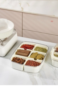 Close-up of a 6-compartment spice organizer with transparent lid and food-grade seal