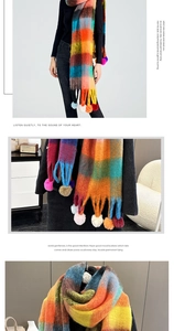Detail of colorful plaid scarf featuring vibrant tassels and soft pom-pom fringe details