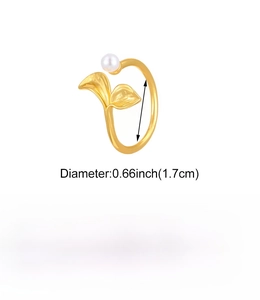 Detailed size and specs for the open brass flower ring with a white pearl accent
