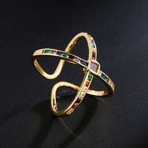Exaggerated 18K gold plated copper X-shaped ring with rainbow cubic zirconia stones