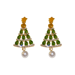 Elegant gold Christmas tree earrings with green stones, white diamonds and pearl drops