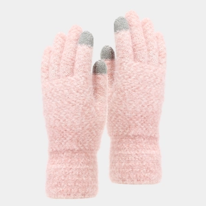 Close-up of pink knit touch screen gloves with grey fingertips and ribbed wrist cuffs