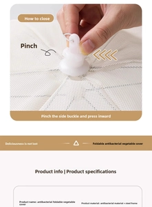 Close-up of foldable food cover mesh mechanism showing white steel frame and antibacterial fabric