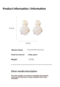 Detail view of acrylic flower earrings with faux pearls and precise dimensions shown