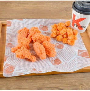 Realistic fried chicken drumstick and wings model displayed on vintage paper tray