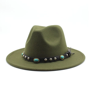 Detail of army green wool fedora hat featuring black leather band with turquoise stones