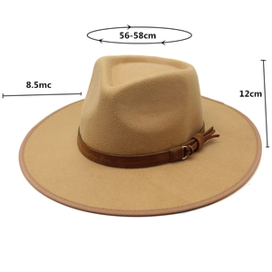 Detailed dimensions of wide brim camel felt fedora with 56-58cm head circumference