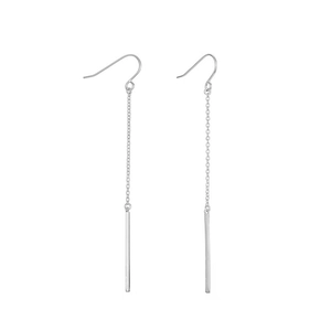 Minimalist stainless steel long chain drop earrings in polished silver finish