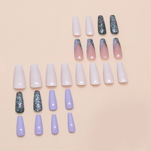 French gradient coffin press-on nails set with glitter and pearlescent finish