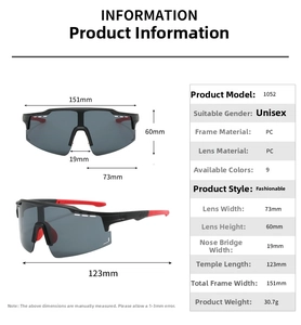 Detailed size chart for cycling sunglasses showing PC frame dimensions and 151mm width
