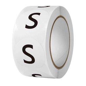 Roll of 1-inch white round S-size clothing size labels with black lettering for apparel