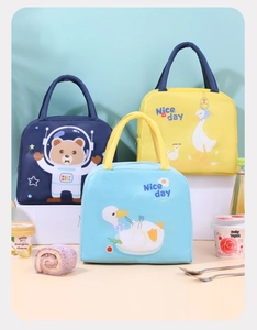 Detail showing colorful insulated lunch bags with waterproof fabric and bear astronaut prints