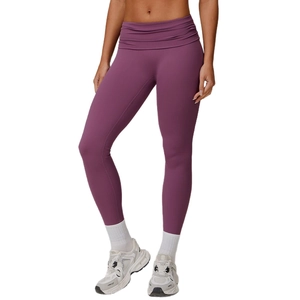 High waist purple yoga leggings with a crossover fold-over waistband for fitness gym