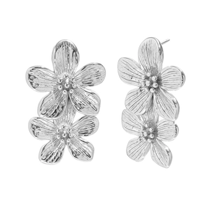 Elegant silver stainless steel earrings with vintage double flower petal design on white