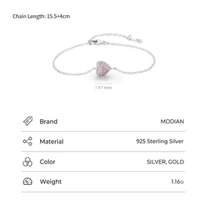 S925 Sterling Silver Heart Bracelet with Pink Rhinestones and Measurement Details