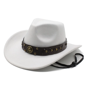 White wool felt western cowboy hat with brown leather band and adjustable wind rope
