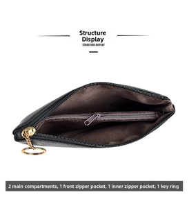 Interior structure of black pebbled leather mini bag with compartments and gold keychain